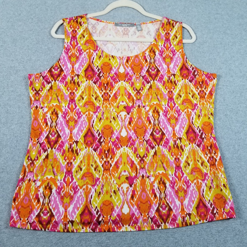 NY Collection Tank Top Womens PL Petite Large Ikat Geo Sleeveless Stretch Jersey